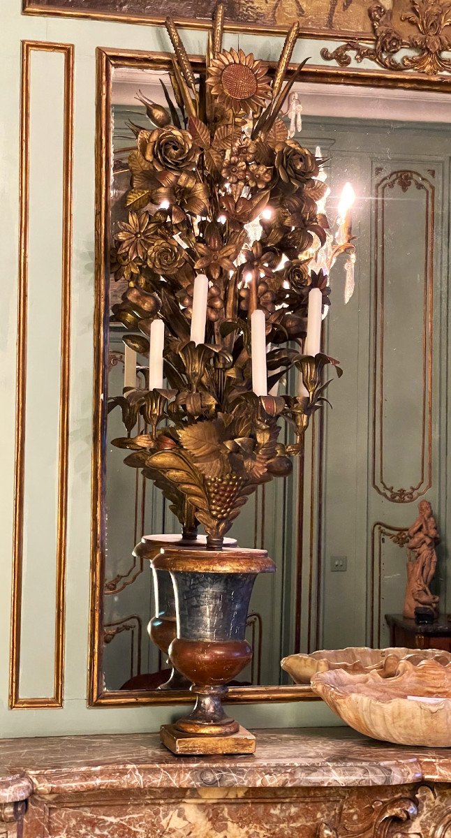 Grands vases Médicis portant des bouquets candélabres-torchères bois doré et laiton ép XIXème-photo-3