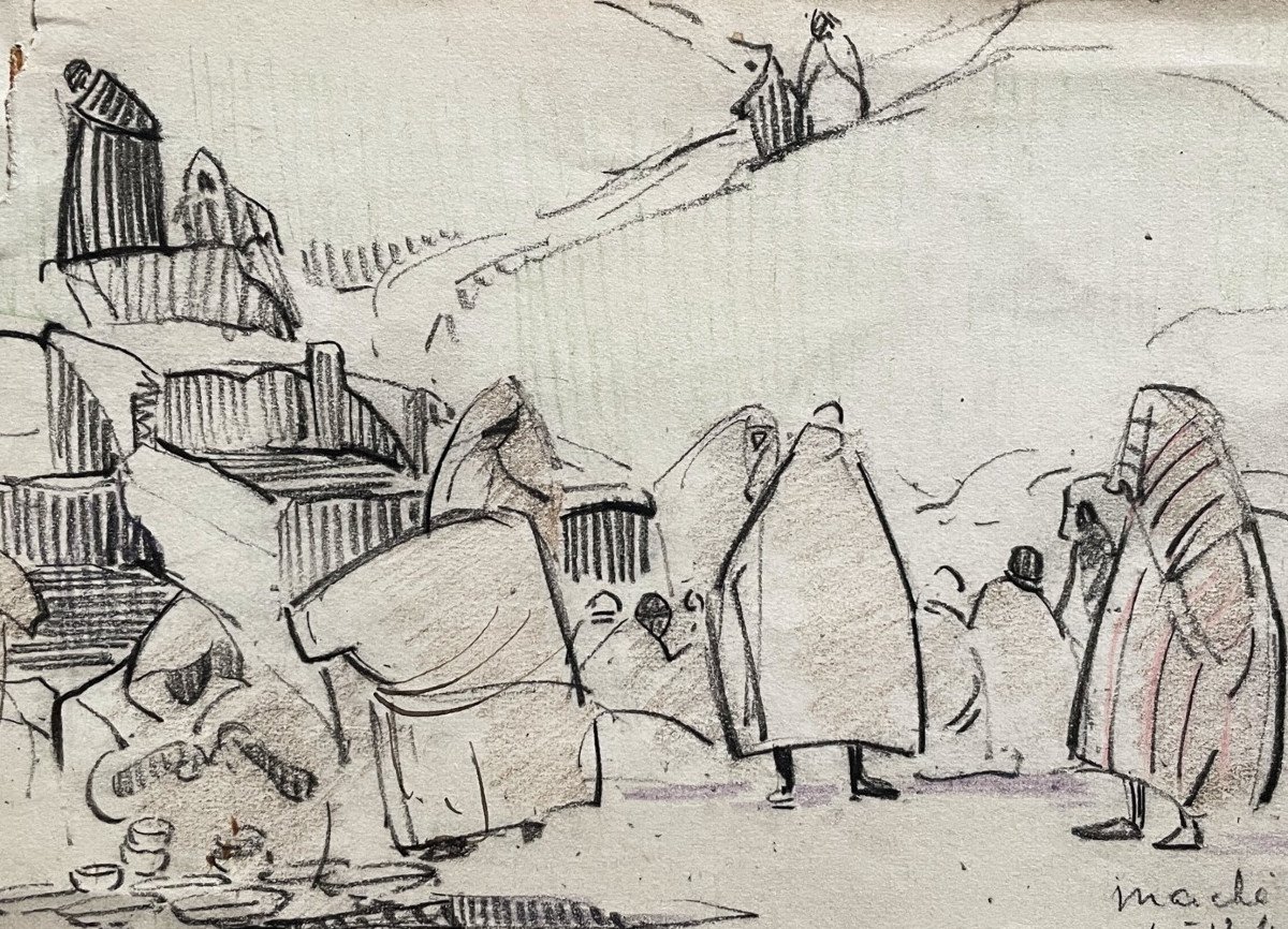 scène de marché en Afrique du Nord, dessin préparatoire de Marcelle Ackein 1921-photo-2