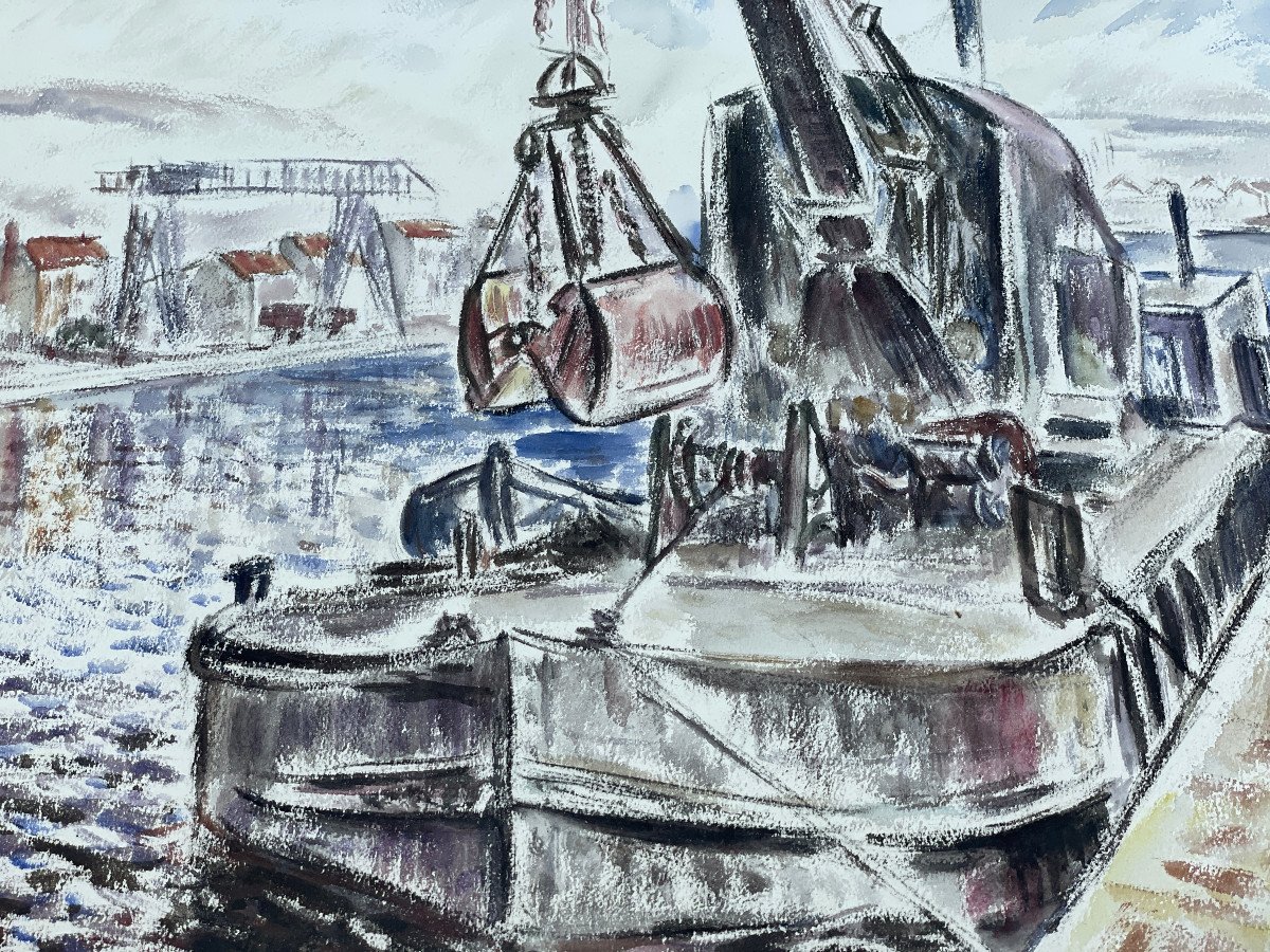 Large Watercolor: The Port Of Roanne By Louis Caradot-photo-2