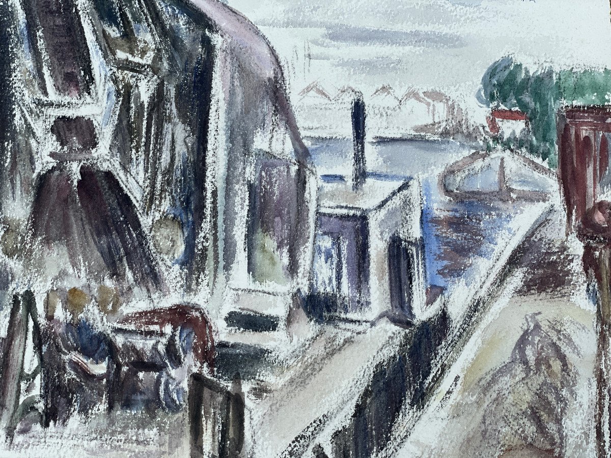 Large Watercolor: The Port Of Roanne By Louis Caradot-photo-1