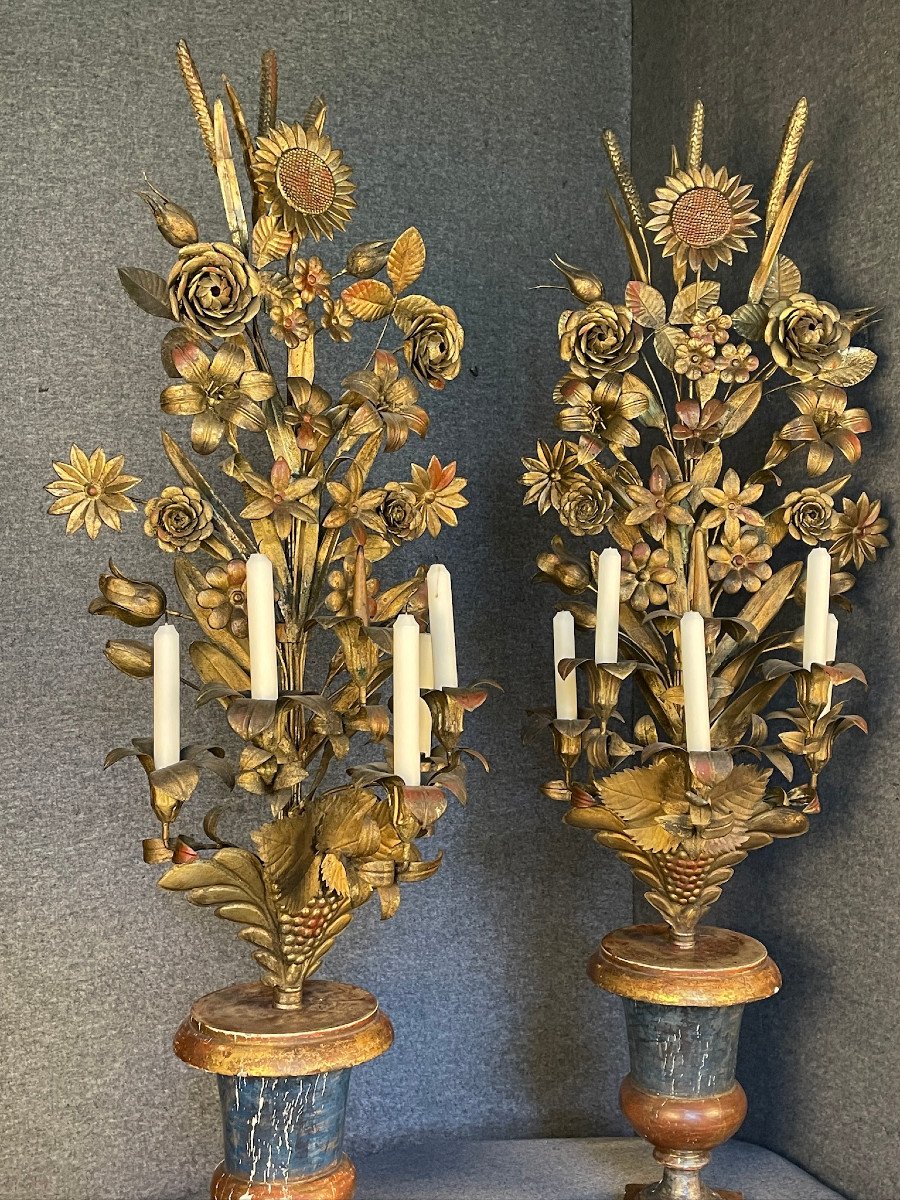 Pair Of Candelabra, Medici Vases Carrying Bouquets, 19th Century Torchieres-photo-3