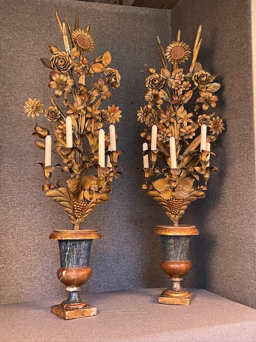 Pair Of Candelabra, Medici Vases Carrying Bouquets, 19th Century Torchieres