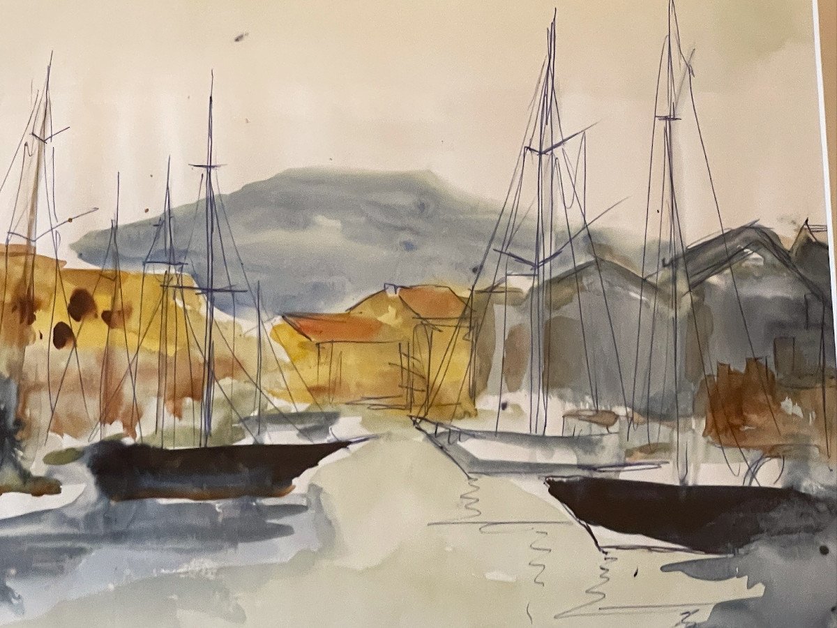 Port Grimaud, Cogolin, Large Watercolor By Michel Degenne-photo-3