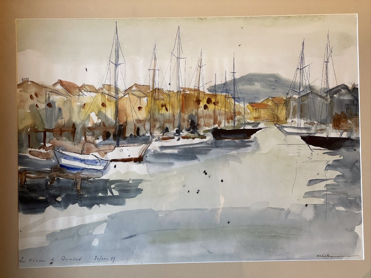 Port Grimaud, Cogolin, Large Watercolor By Michel Degenne-photo-5