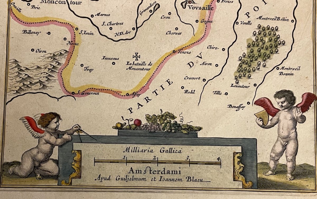 Grande gravure  aquarellée carte du XVII° siècle Lodun & Mirebalais (86)-photo-3