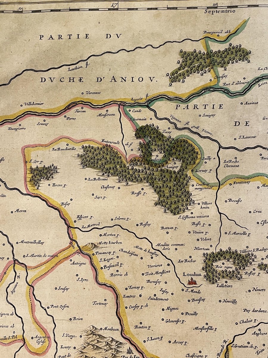 Grande gravure  aquarellée carte du XVII° siècle Lodun & Mirebalais (86)-photo-5