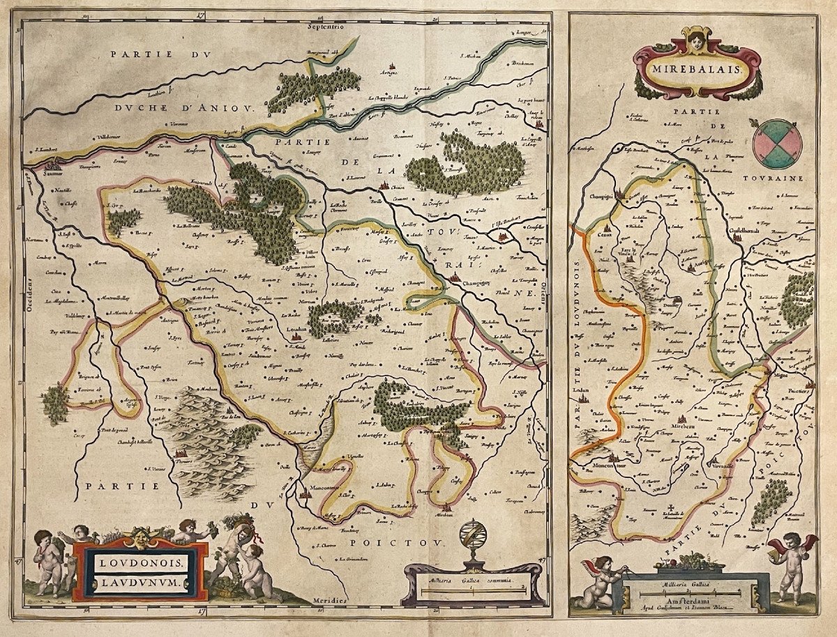 Grande gravure  aquarellée carte du XVII° siècle Lodun & Mirebalais (86)