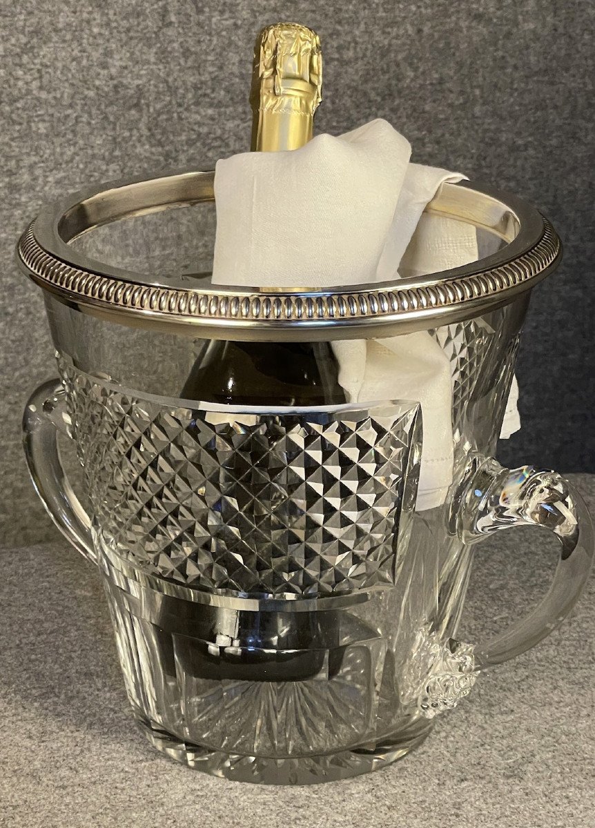 Baccarat : rare seau à champagne cristal taillé et argent Odiot-photo-4