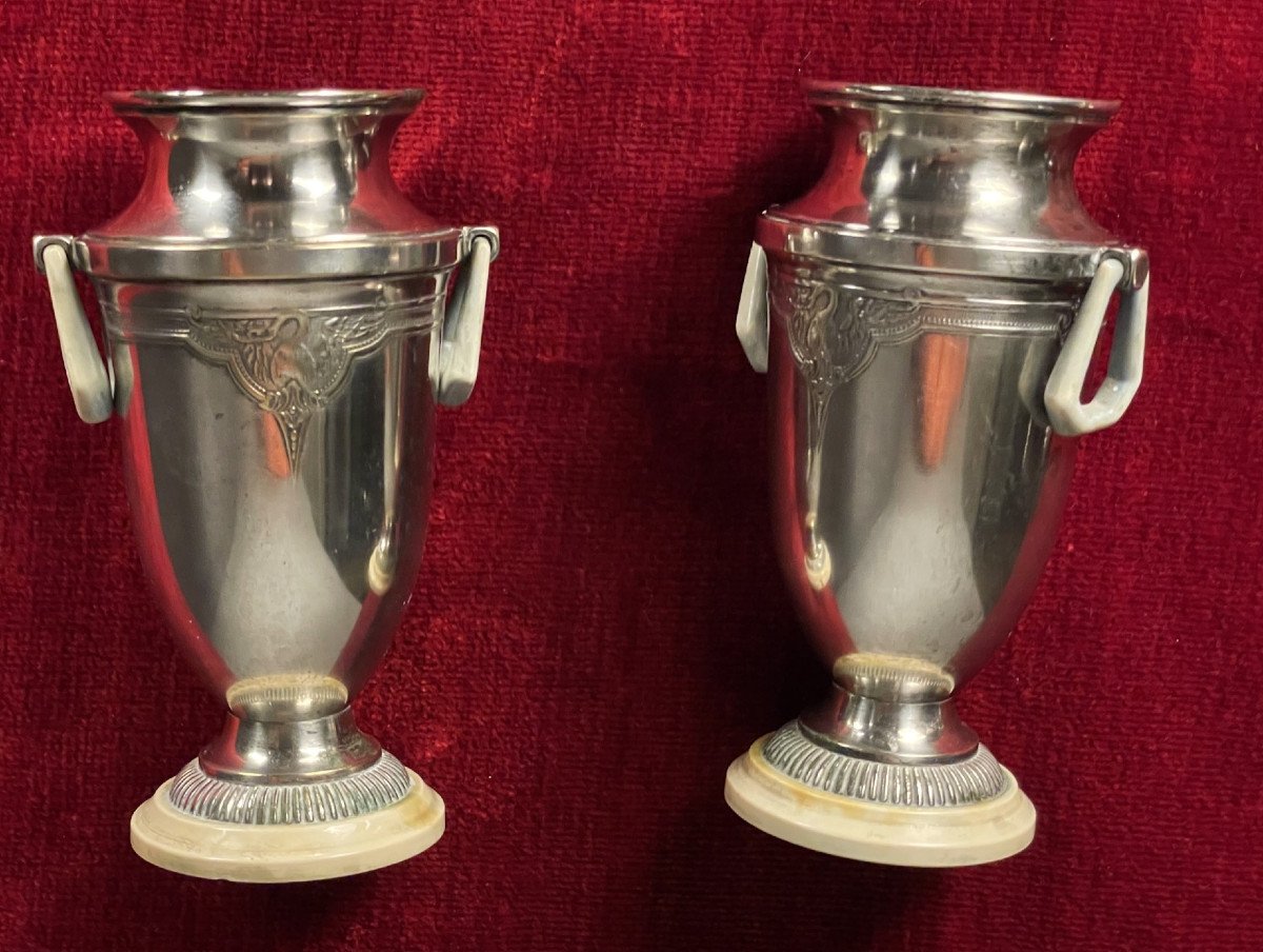 Pair Of Small Art Deco Silver-plated Metal Vases