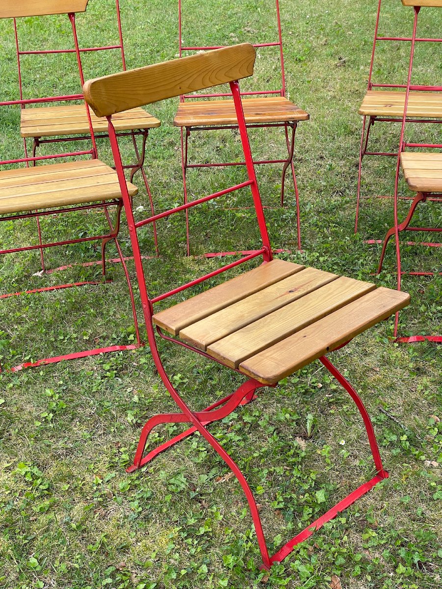 Série de six chaises pliantes de véranda ou de jardin, acier et bois , bistrot, brasserie-photo-3