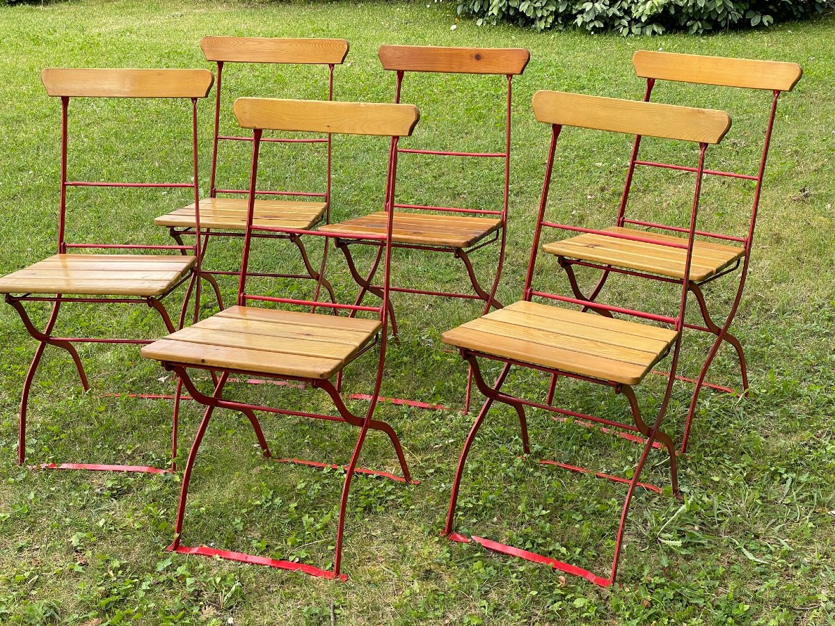 Série de six chaises pliantes de véranda ou de jardin, acier et bois , bistrot, brasserie-photo-4