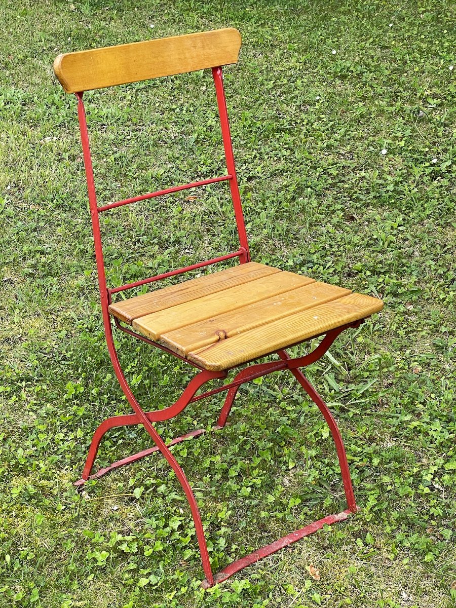 Série de six chaises pliantes de véranda ou de jardin, acier et bois , bistrot, brasserie-photo-2