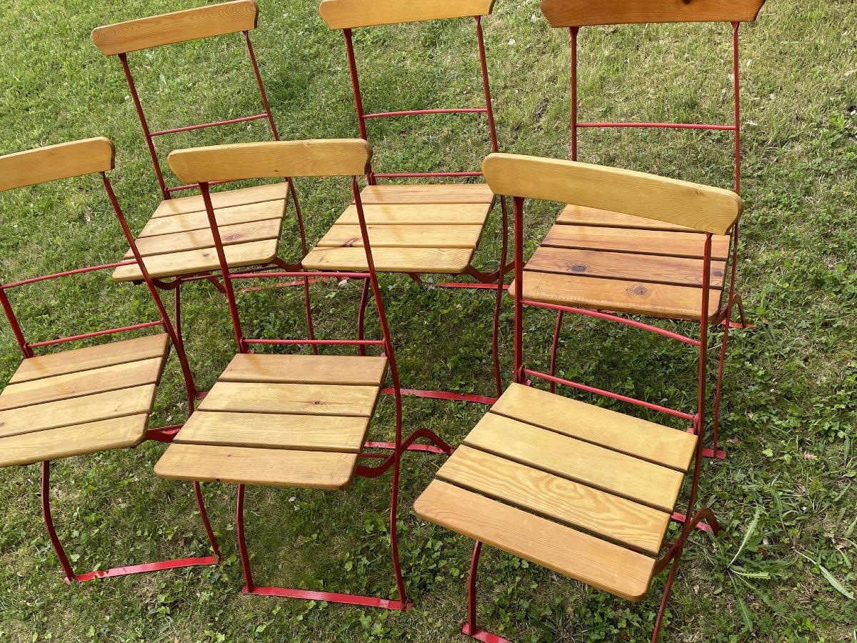 Série de six chaises pliantes de véranda ou de jardin, acier et bois , bistrot, brasserie-photo-4