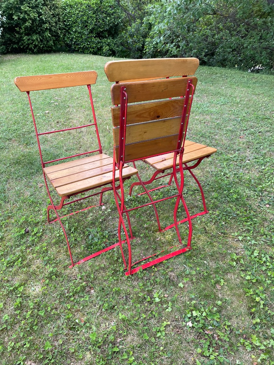 Série de six chaises pliantes de véranda ou de jardin, acier et bois , bistrot, brasserie-photo-6