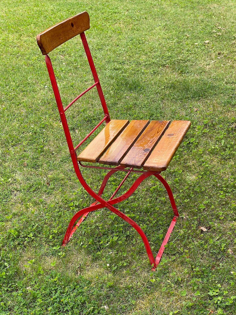 Série de six chaises pliantes de véranda ou de jardin, acier et bois , bistrot, brasserie-photo-8