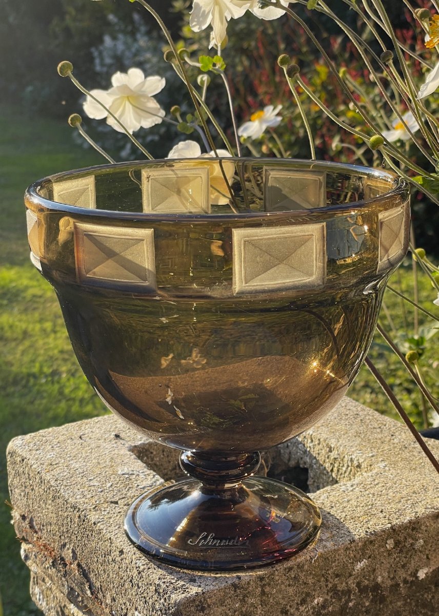 Schneider large vase coupe « diamant » en verre fumé 1925-photo-3