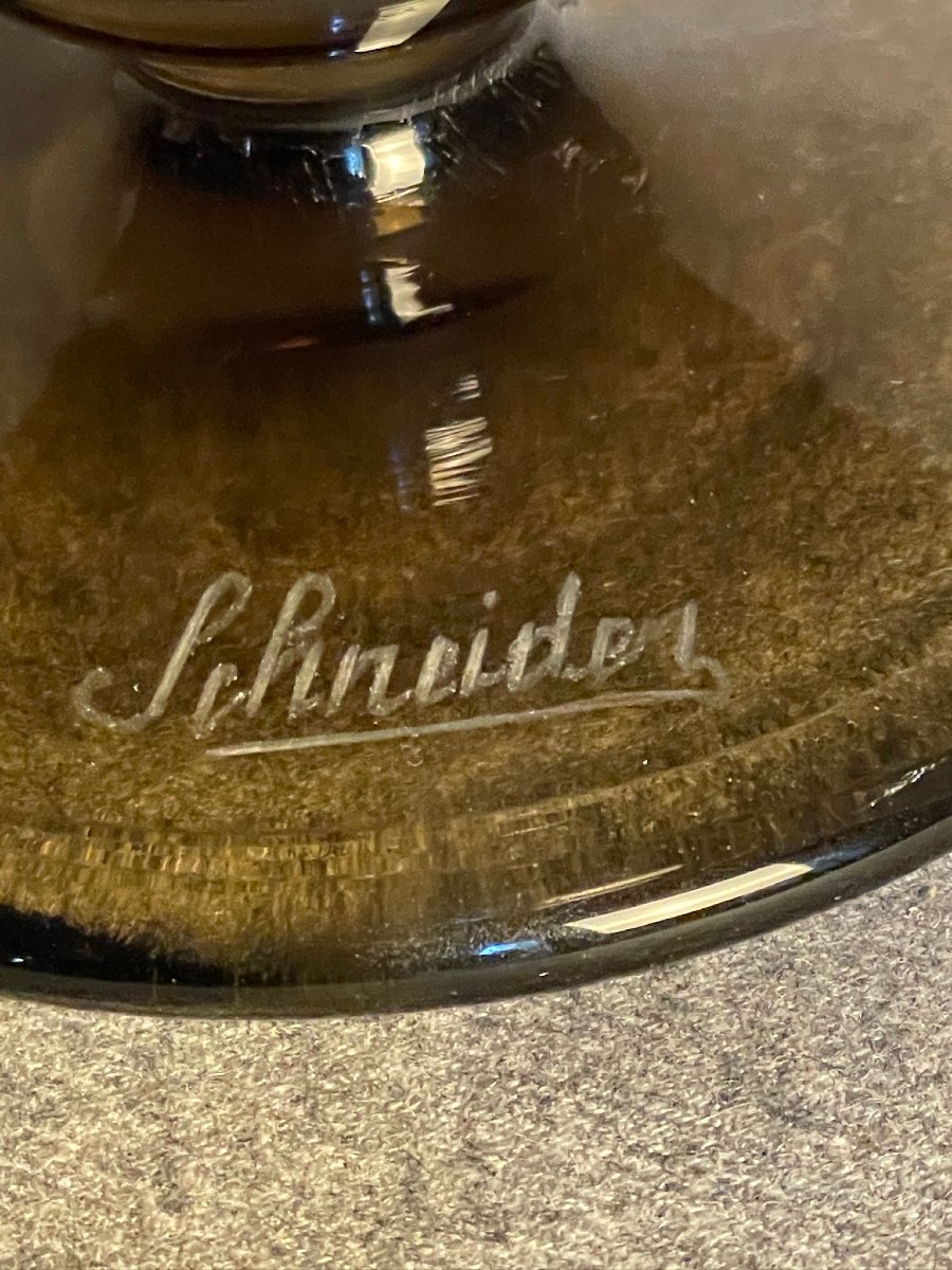 Schneider large vase coupe « diamant » en verre fumé 1925-photo-4