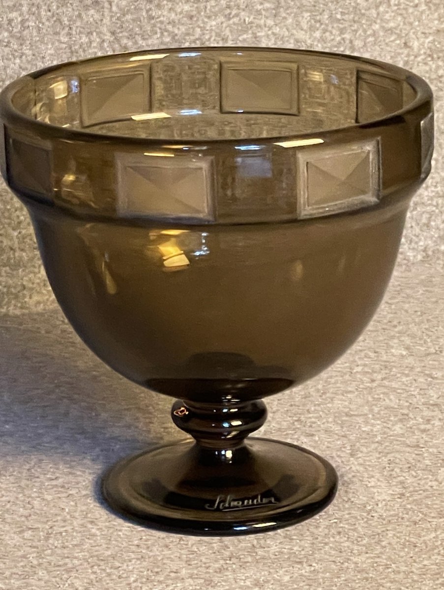 Schneider large vase coupe « diamant » en verre fumé 1925-photo-1