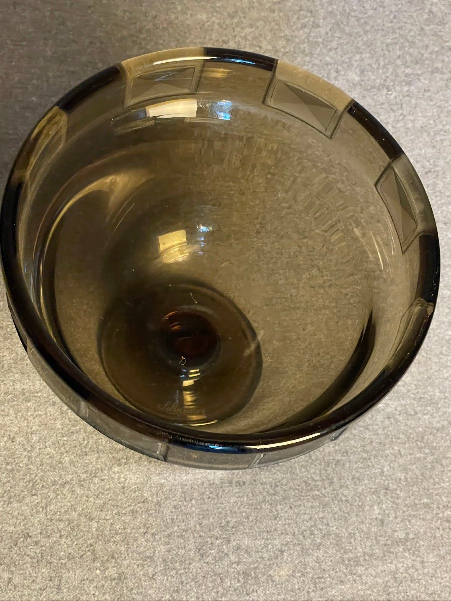 Schneider large vase coupe « diamant » en verre fumé 1925-photo-2