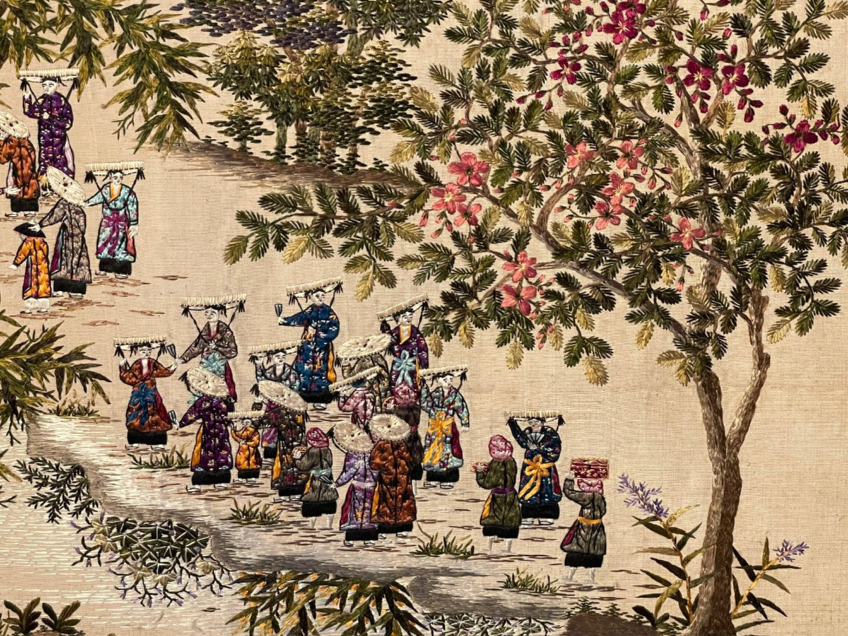 Broderie sur soie d'Extrême Orient, soierie Chine fin XIXe-photo-2