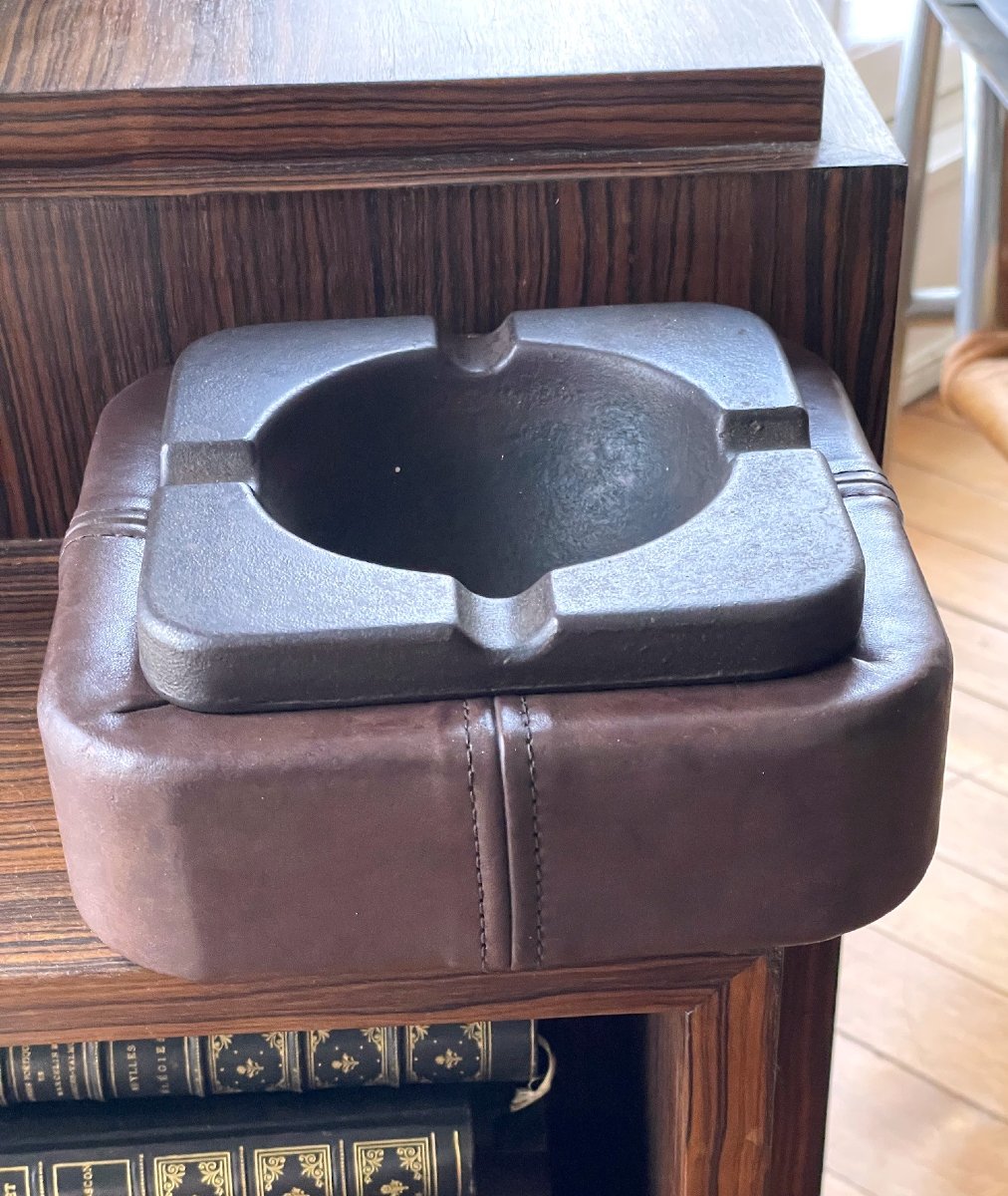 Cast Iron And Saddle-stitched Leather Ashtray Dlg Adnet Circa 1960-photo-2