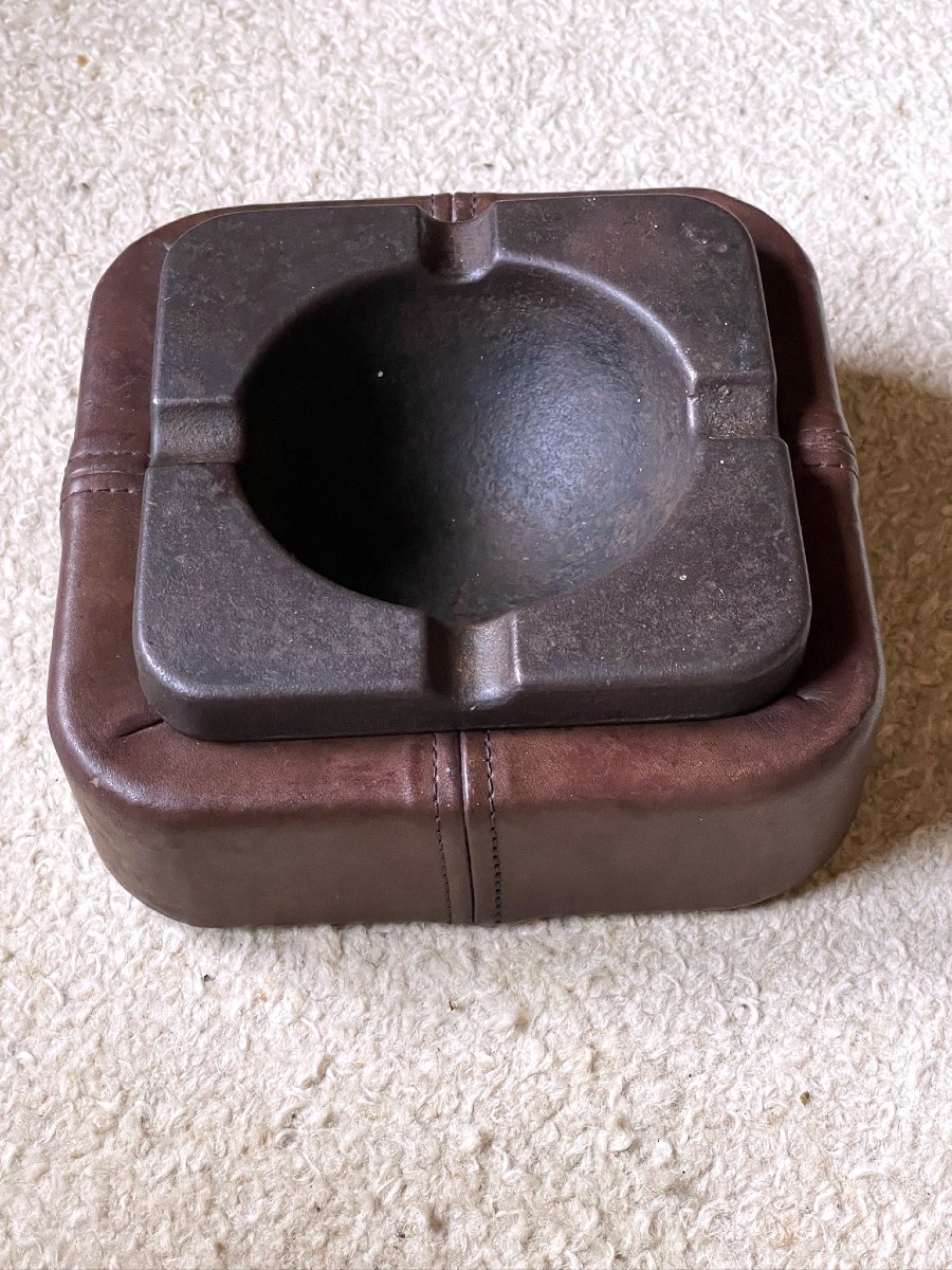 Cast Iron And Saddle-stitched Leather Ashtray Dlg Adnet Circa 1960-photo-3