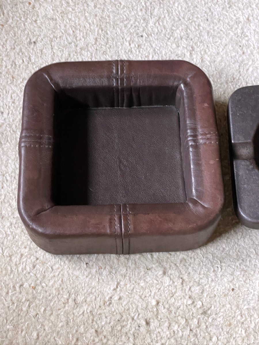 Cast Iron And Saddle-stitched Leather Ashtray Dlg Adnet Circa 1960-photo-4