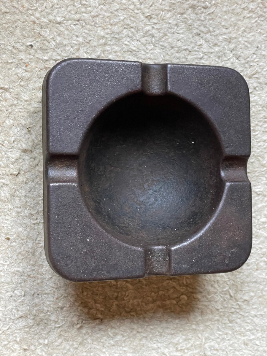 Cast Iron And Saddle-stitched Leather Ashtray Dlg Adnet Circa 1960-photo-2
