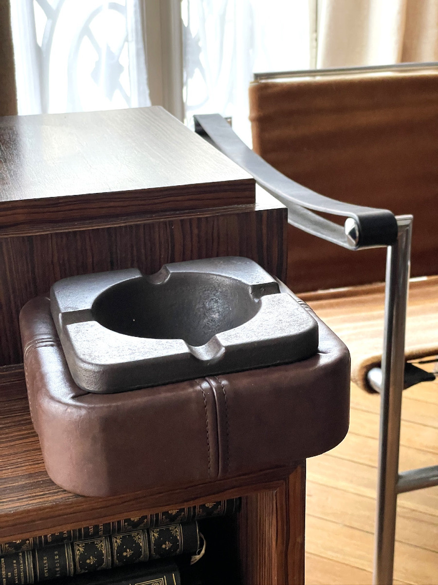 Cast Iron And Saddle-stitched Leather Ashtray Dlg Adnet Circa 1960