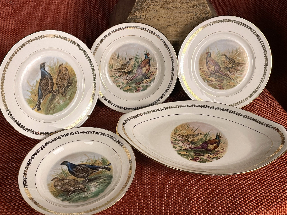 Pheasant, Woodcock, Partridge Dinner Service, Mehun Porcelain, Hunting 