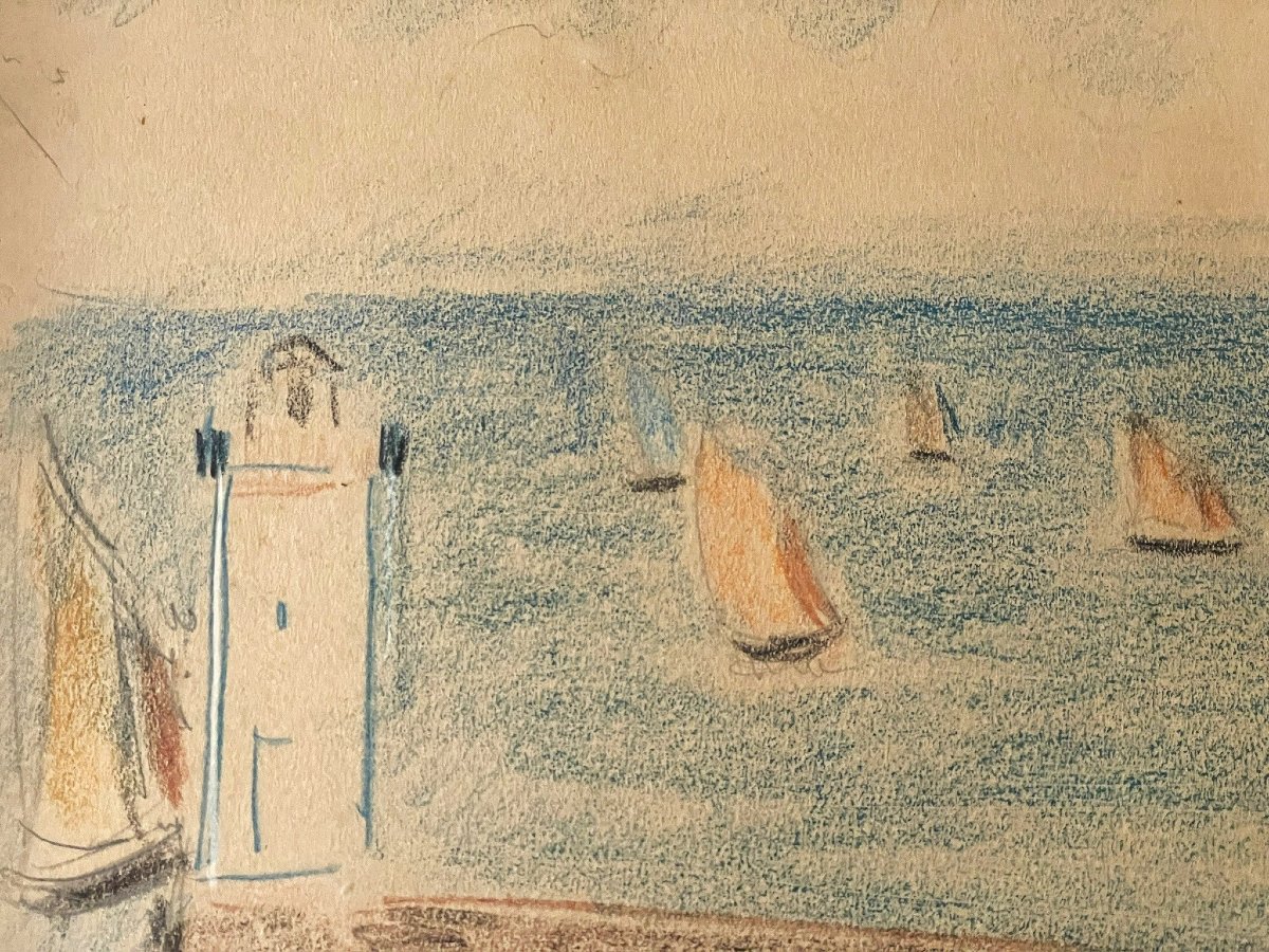 Dessin de Jean Puy : voiliers près du phare  signé et daté 1914-photo-2
