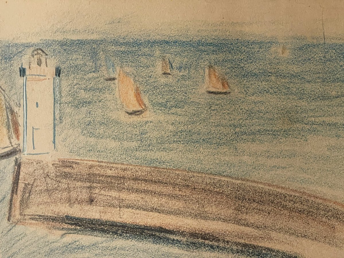 Dessin de Jean Puy : voiliers près du phare  signé et daté 1914-photo-3
