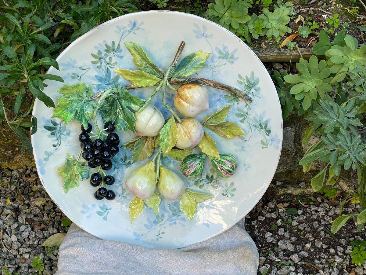 Large Barbotine Wall Dish (50cm) Longchamp, High Relief Fruit Decoration, 19th Century-photo-1