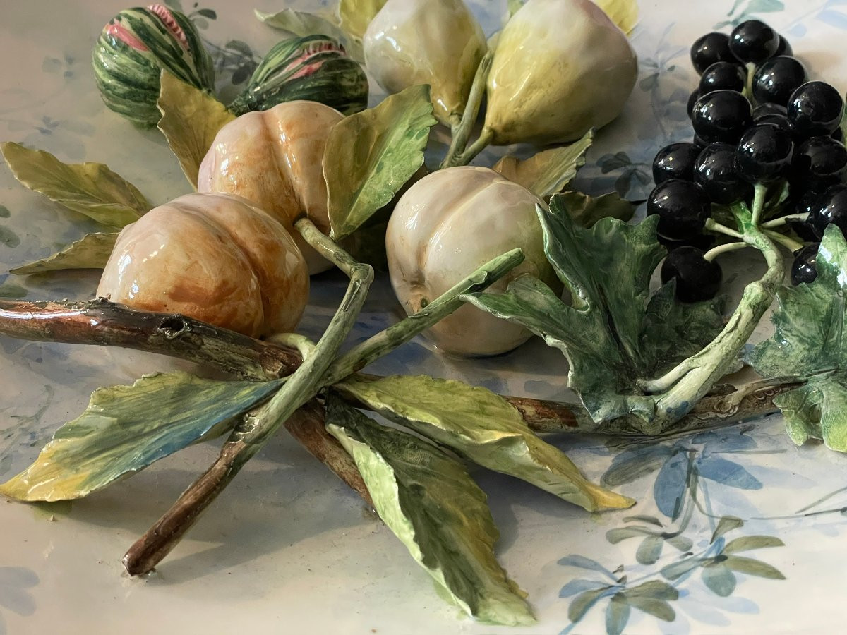 Large Barbotine Wall Dish (50cm) Longchamp, High Relief Fruit Decoration, 19th Century-photo-4