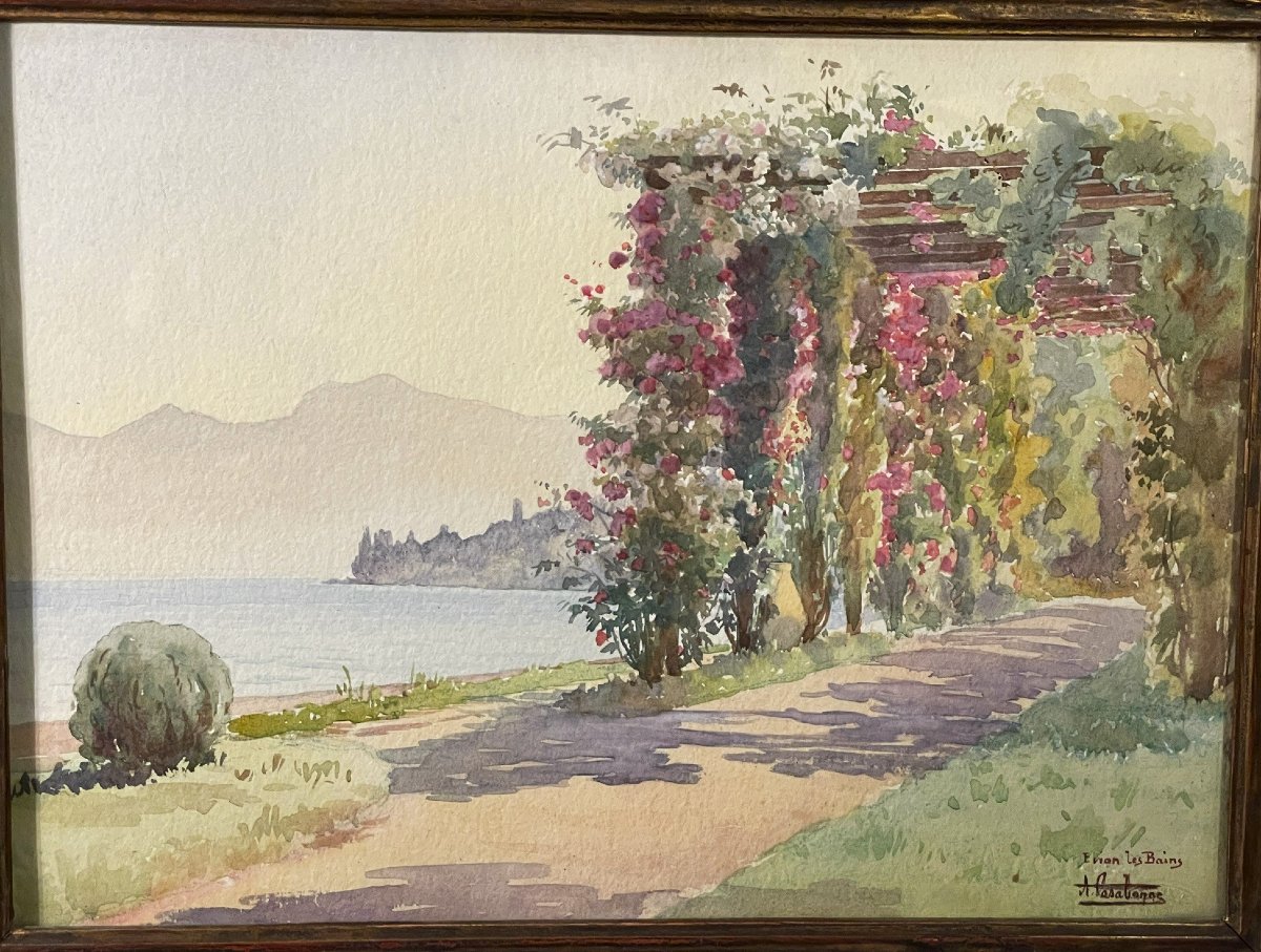 Pergola fleurie au bord du lac Léman à Evian les Bains, aquarelle d’André Casabonne-photo-2