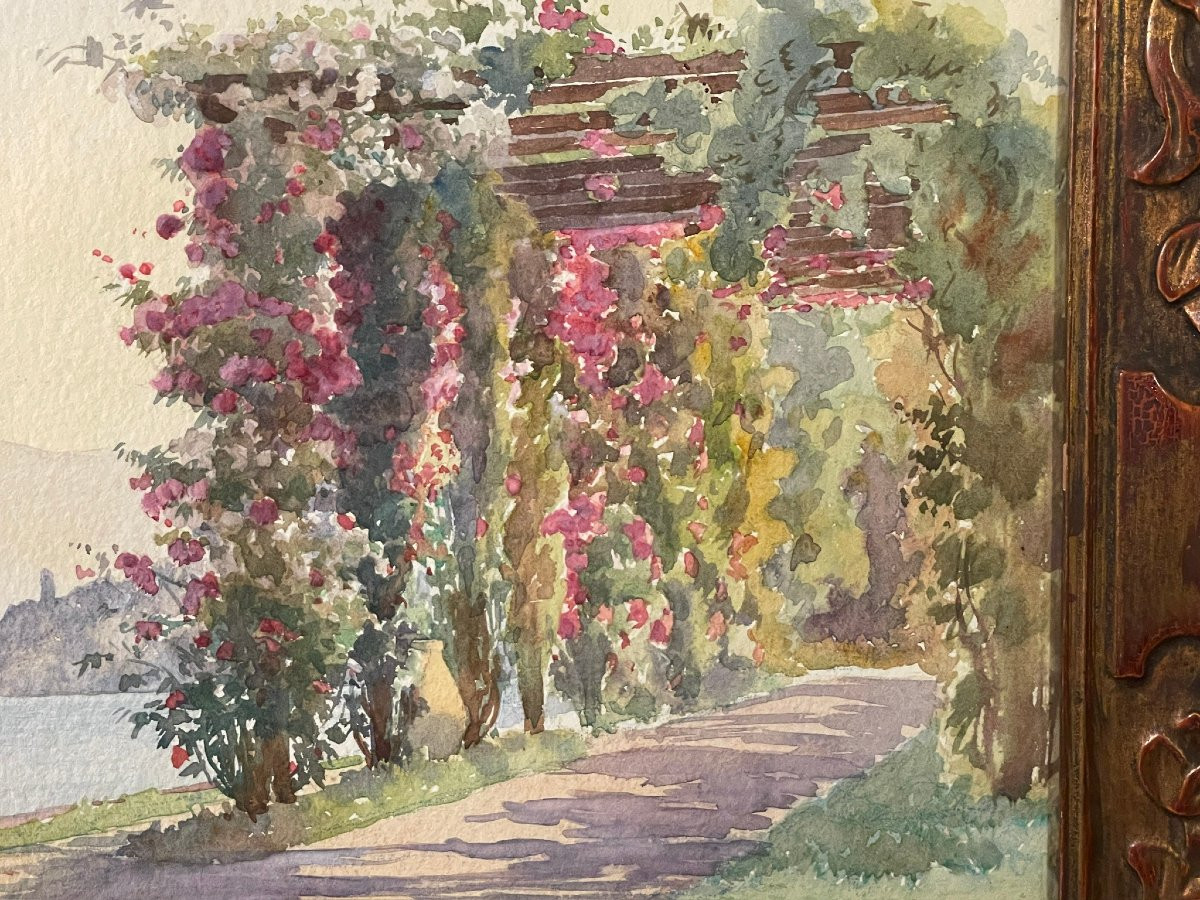 Pergola fleurie au bord du lac Léman à Evian les Bains, aquarelle d’André Casabonne-photo-3