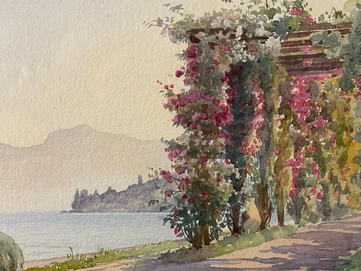 Pergola fleurie au bord du lac Léman à Evian les Bains, aquarelle d’André Casabonne-photo-1