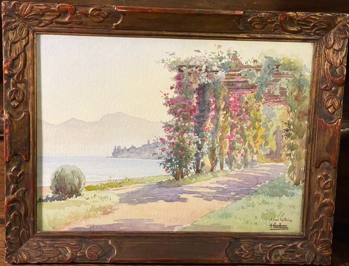 Pergola fleurie au bord du lac Léman à Evian les Bains, aquarelle d’André Casabonne-photo-2