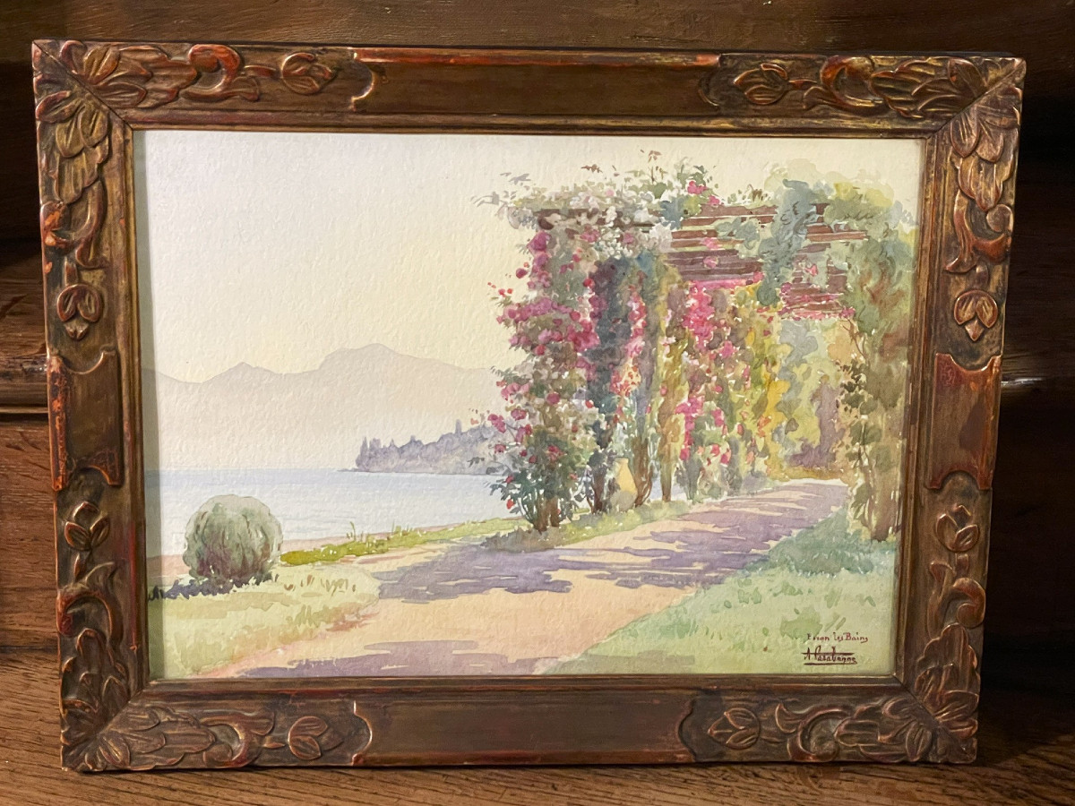 Pergola fleurie au bord du lac Léman à Evian les Bains, aquarelle d’André Casabonne