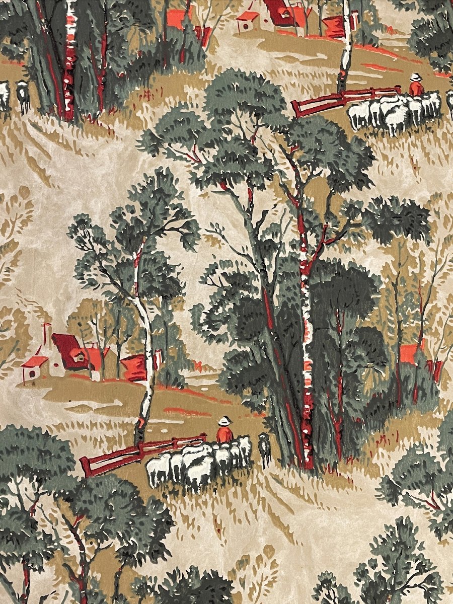 Ensemble de 16 rouleaux d’ancien papier peint décor bucolique polychrome-photo-4