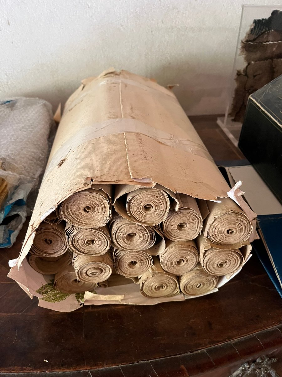 Ensemble de 16 rouleaux d’ancien papier peint décor bucolique polychrome-photo-1