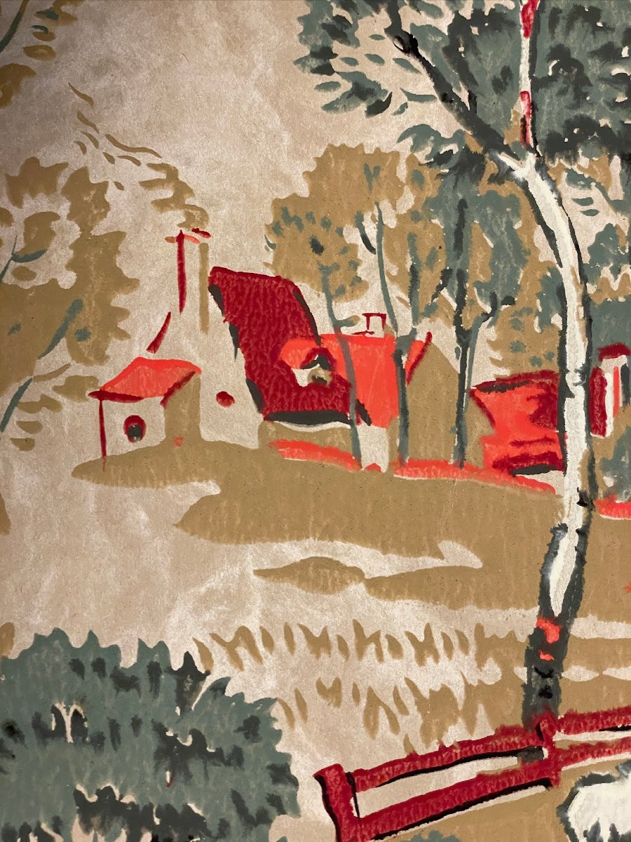 Ensemble de 16 rouleaux d’ancien papier peint décor bucolique polychrome-photo-3