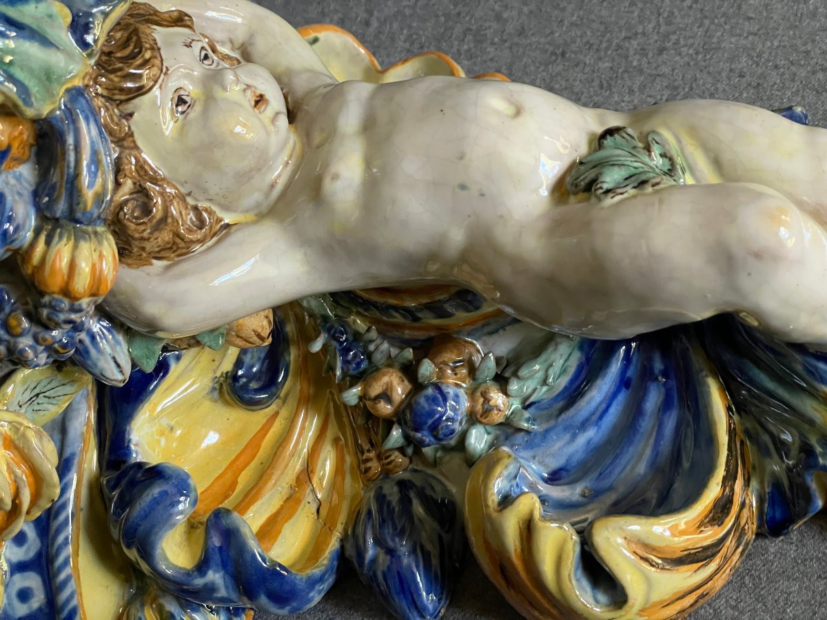 Console d’applique en céramique polychrome à décor de putto (putti, Italie) XIXème-photo-3