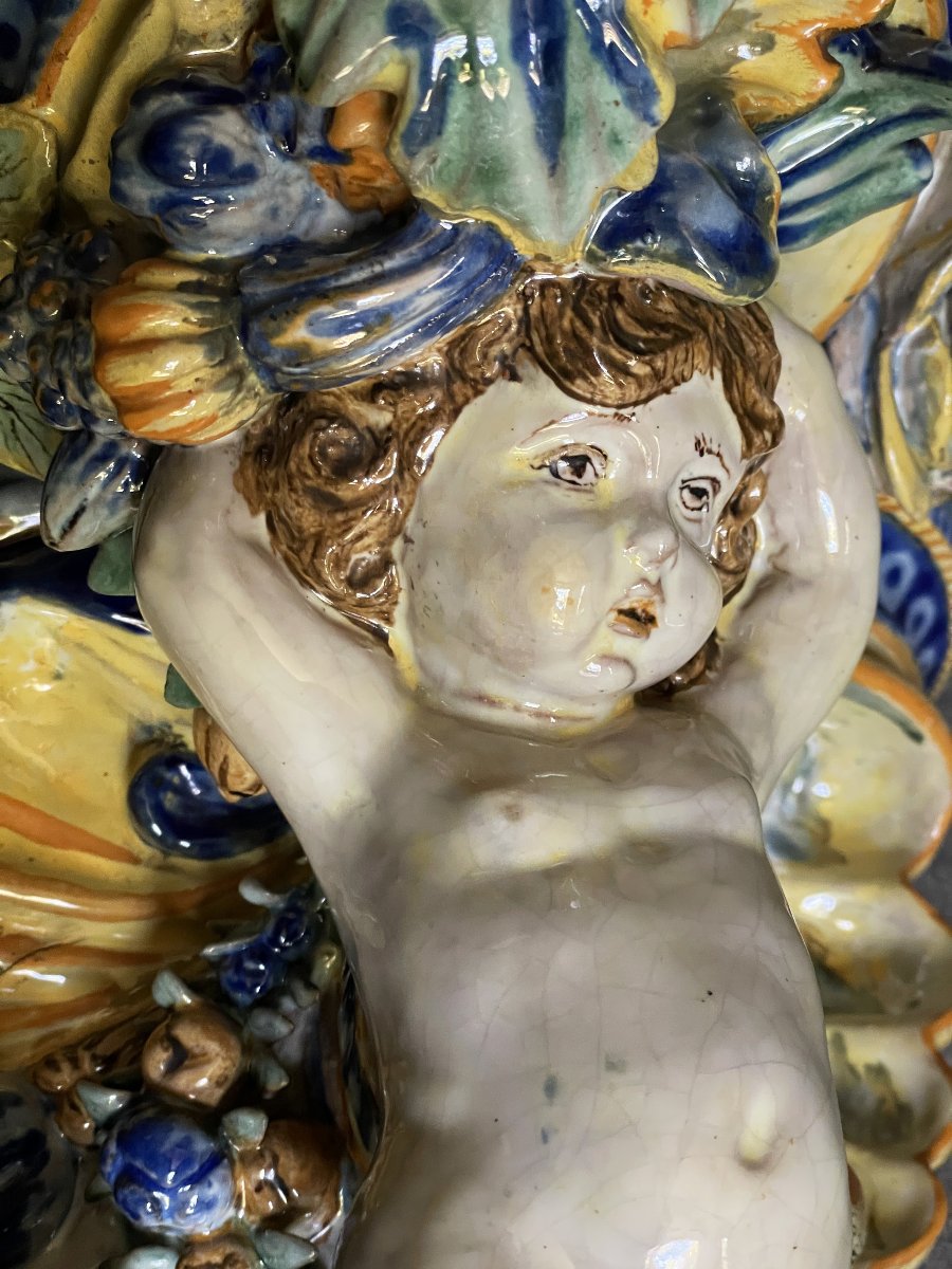 Console d’applique en céramique polychrome à décor de putto (putti, Italie) XIXème-photo-4