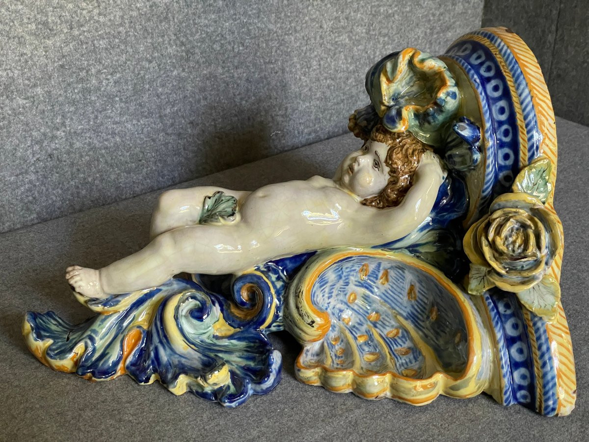 Console d’applique en céramique polychrome à décor de putto (putti, Italie) XIXème-photo-3