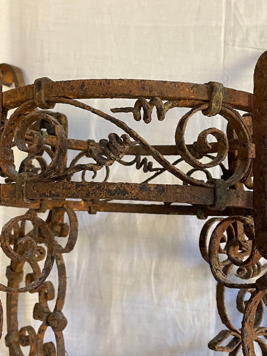 Piètement de bassin en fer forgé Italie Venise XVIIème, et vasque jardinière en cuivre-photo-3