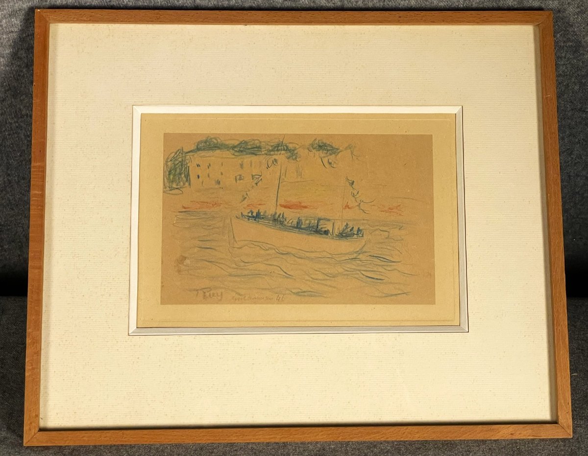 Dessin de Jean Puy : voilier près de Concarneau daté 1946-photo-2