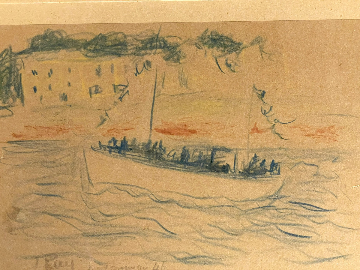 Dessin de Jean Puy : voilier près de Concarneau daté 1946