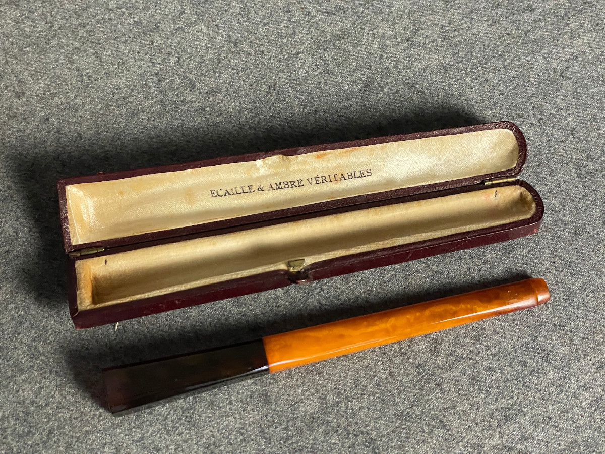 Fume cigarette Art Déco en ambre et écaille dans son étui-photo-4