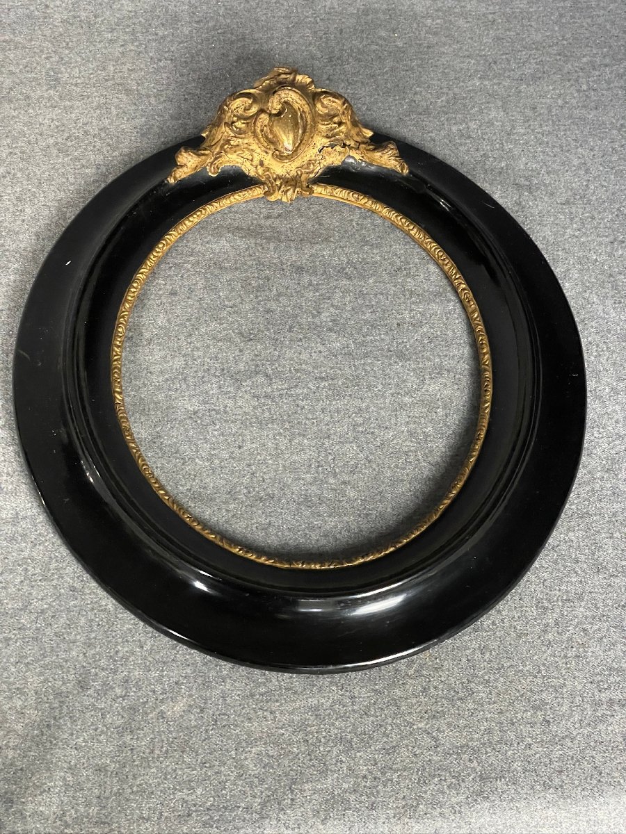 Large Oval Frame In Black And Gold Lacquered Wood, 19th Century, Napoleon III Period-photo-2